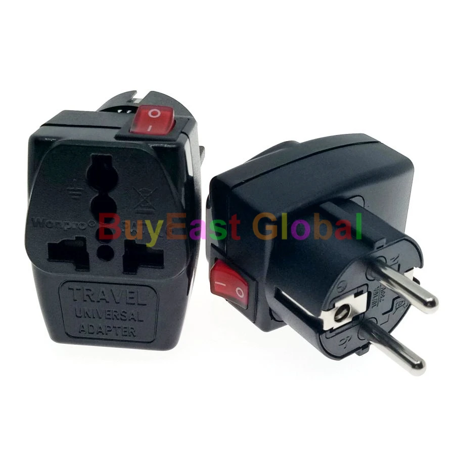 2 IN 1- Schuko German Israeli Korean Electrical Plug Adapter AC100~250V 16A With On/Off Main LED Switch