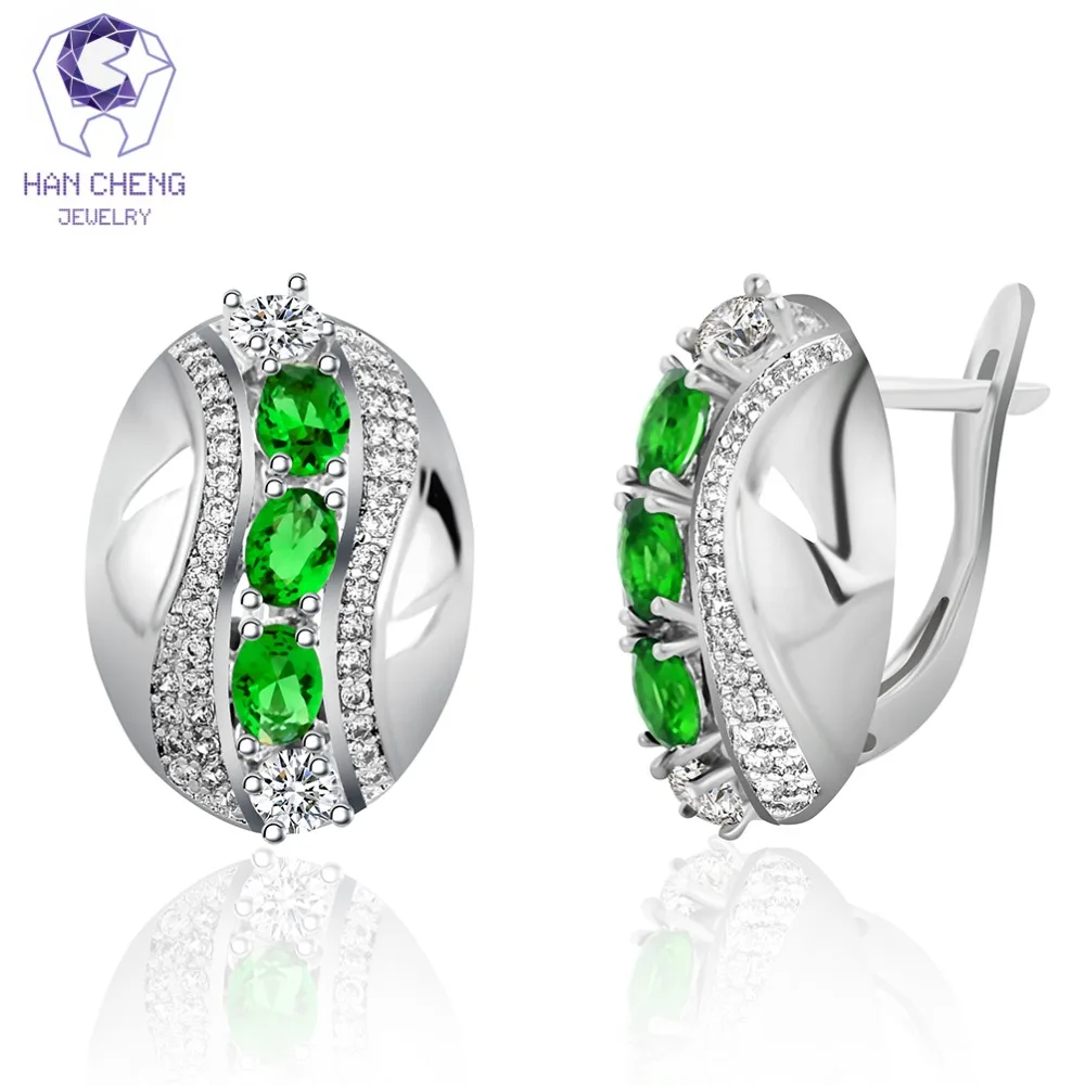 

HanCheng New Fashion Luxury Copper Silver Plated Gem Stone Cubic Zirconia Oval Stud Earrings For Women Jewelry brincos bijoux
