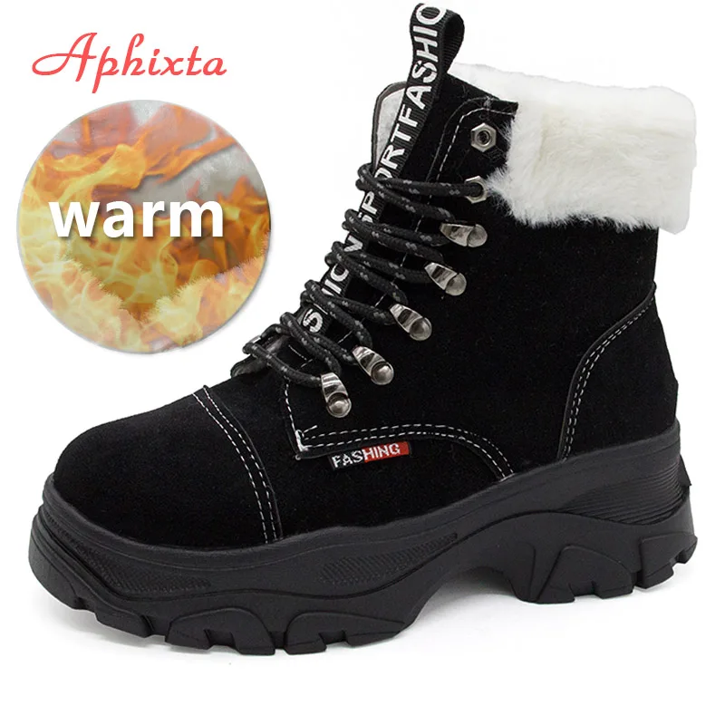 Aphixta Platform Shoes Winter Snow Boots Women Ankle Boots Letter Lace-up Bottes Femme Cloth Shoes Women Platform Boots - Цвет: Black