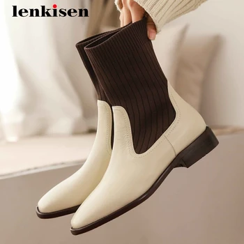 

Lenkisen sock boots natural leather mixed cloth knitting thick med heel square toe slip on pretty girls cozy mid-calf boots L5f3