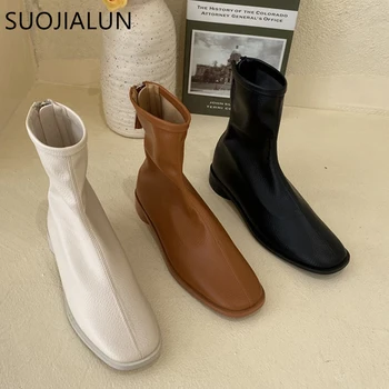 

SUOJIALUN Round Toe Women Sock Boots Fashion Ladies Low Heels Zipper Style Casual Ankle Short Boots Shoes Women Martin Boot Sho