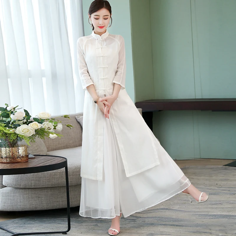 

2019 ao dai set asian clothes folk style wide leg pants suit vietnam chiffon aodai graceful stand collar long cheongsam