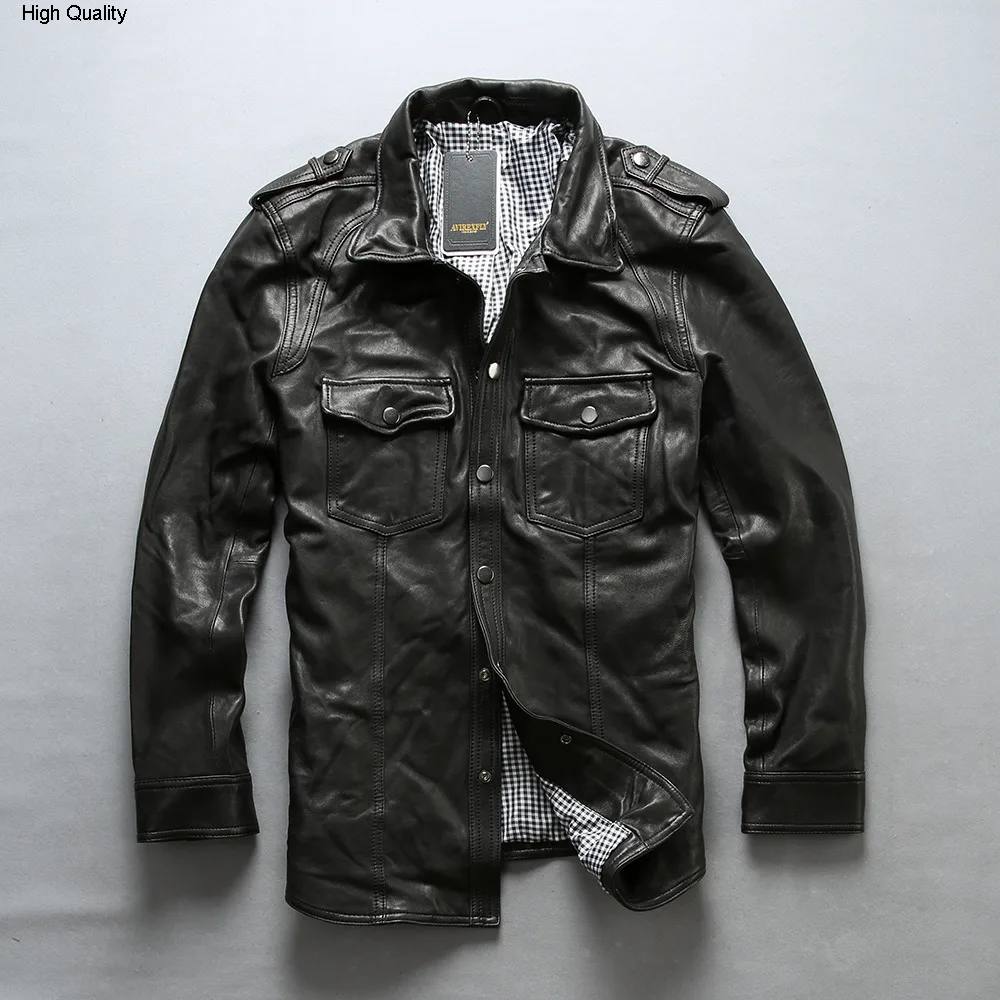 Мужская кожаная куртка FLY Fashion тонкая приталенная рубашка из натуральной овечьей