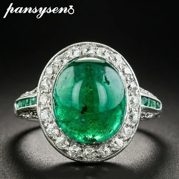 

PANSYSEN Vintage Emerald Rings for Women Real 925 Sterling Silver Jewelry Wedding Bands Anniversary Ring Christmas Party Gifts