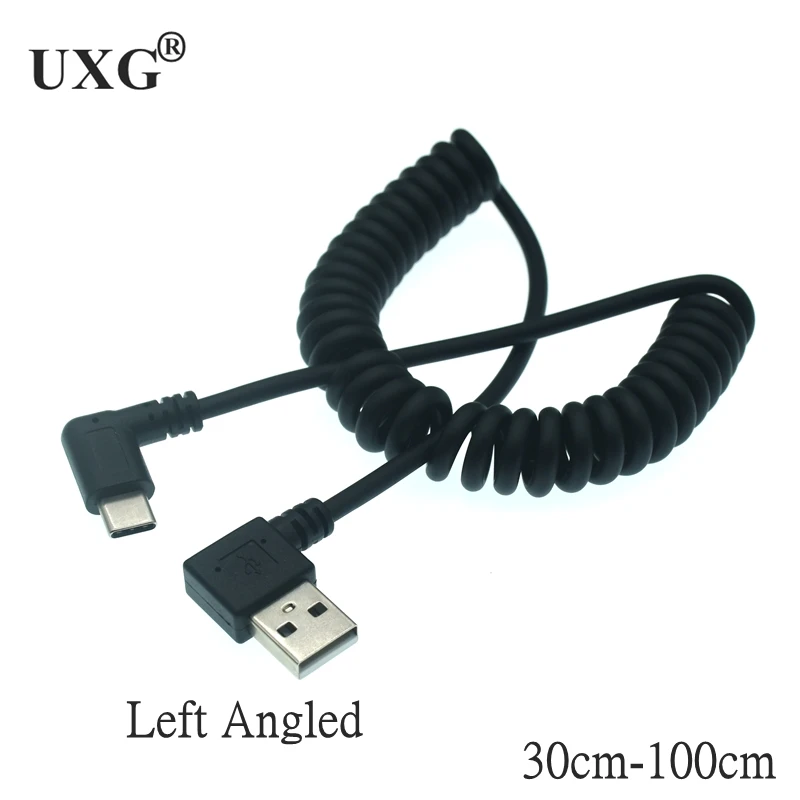 

90 degree Left /Right Angled USB Type C Retractable Spring Cable Fast Charging Data Cable Cord Adapter For Huawei Xiaomi Samsung