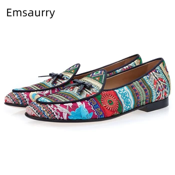 

Mixed Color Embroidery Casual Shoes Men Round Toes Slip-on Loafers Little Bowtie Luxury Sewing Spring 2020 Men Shoes