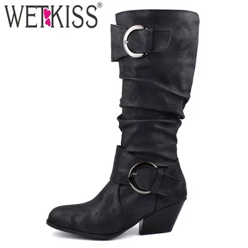 

WETKISS Western Boots Women Pu Distressed Boot Female Round Toe High Heels Cuban Shoes Ladies Buckle Shoes Winter Big Size 34-48