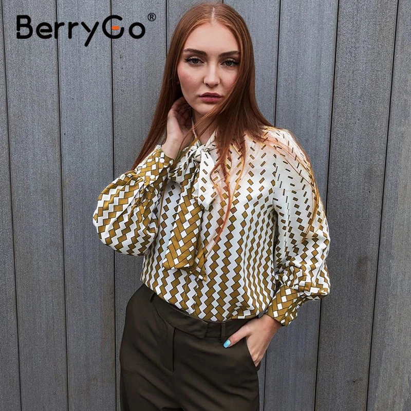 

BerryGo Elegant print womens tops and blouses Tie neck long sleeve office ladies blouse Casual female top blouse shirt chemise