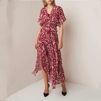 

New Fashion Holiday Vacation Dress 2020 Summer V neck Printed Red Irregular Maxi Dress Women Long Beach Chiffon Boho Dress