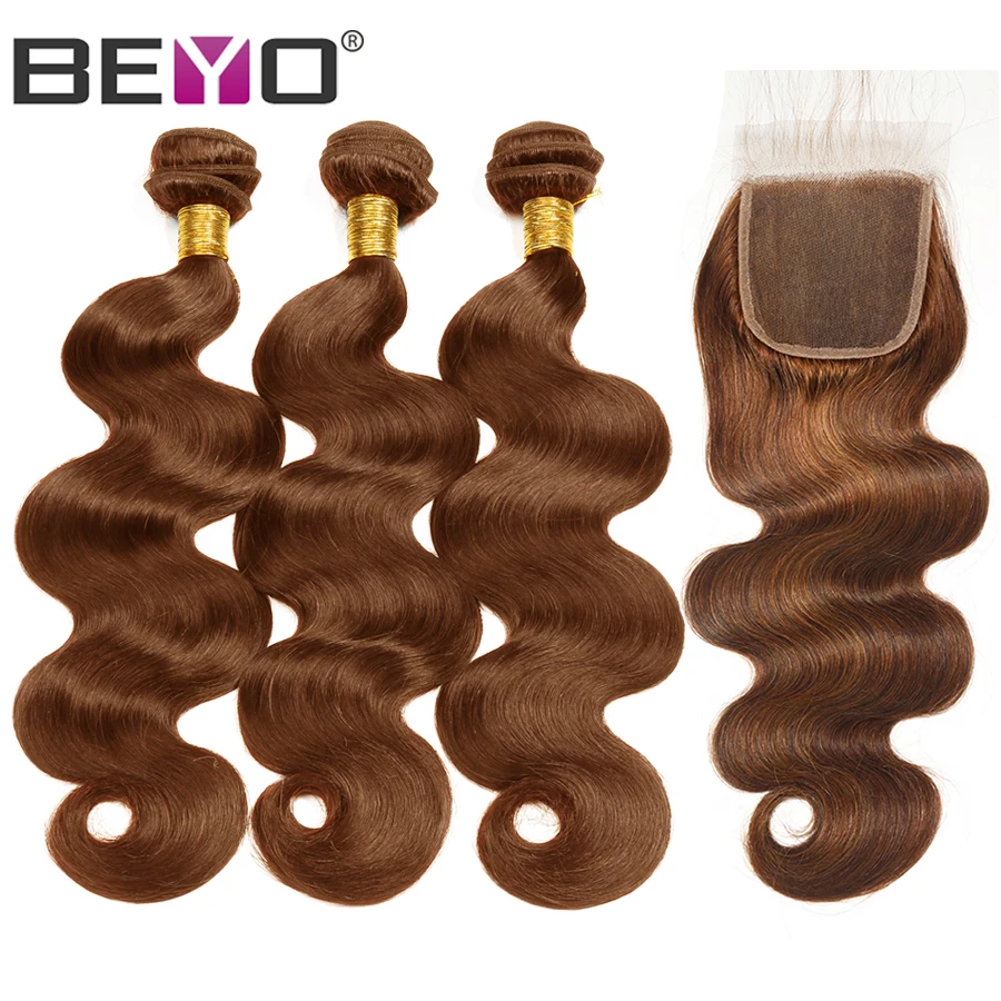 Beyo цвет #4 светло-коричневые пучки волн тела с закрытием 100% человеческие волосы бразильские волосы плетение пучки с закрытием не реми волосы