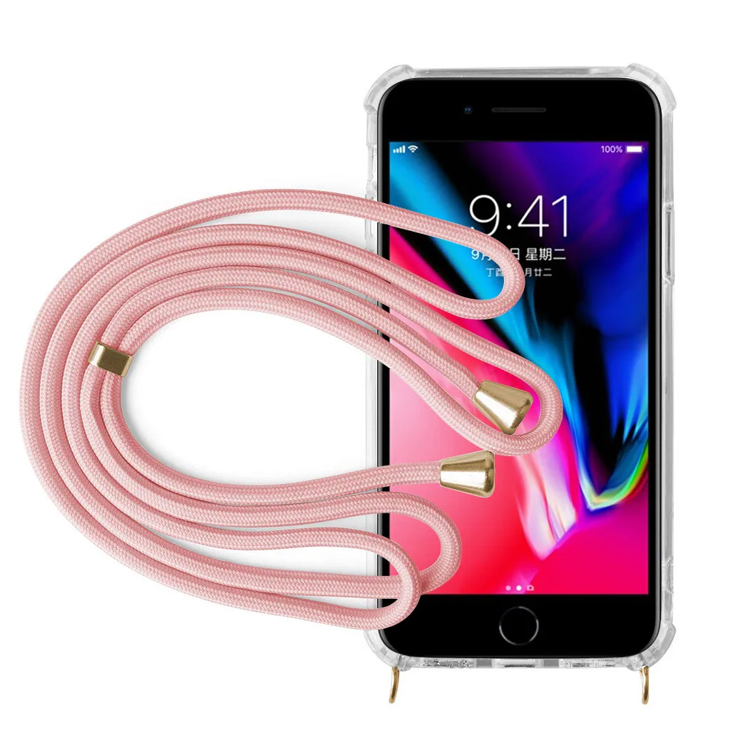 Lanyard Neck Strap transparent TPU case Retractable String Silicone Phone Cover Case Full Protection Shock Proof for iphone 7/8