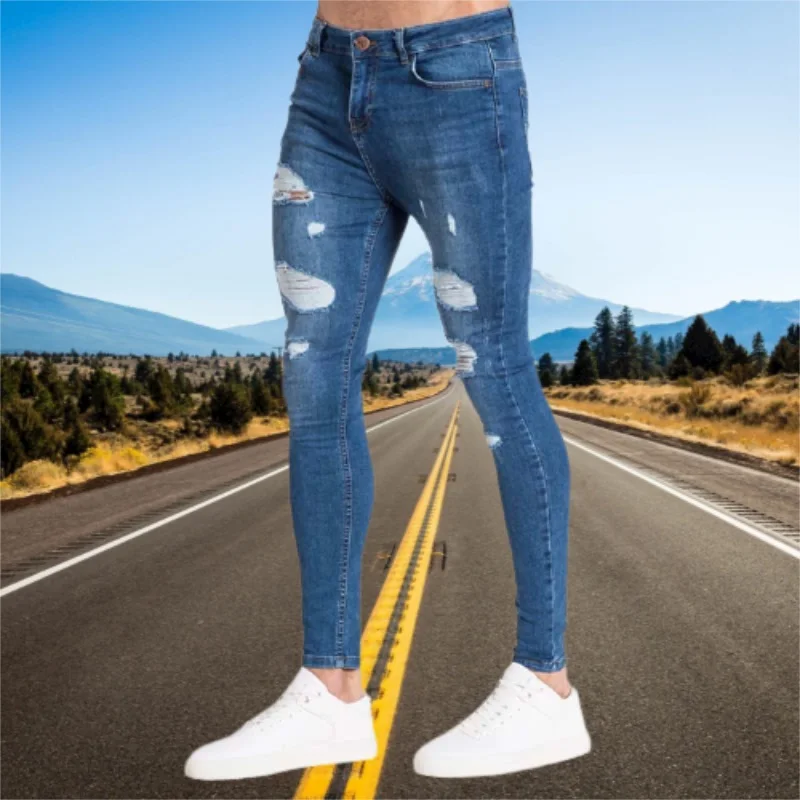 Men Jeans Elastic Waist Skinny Stretch Ripped Denim Pants Joggers Trousers