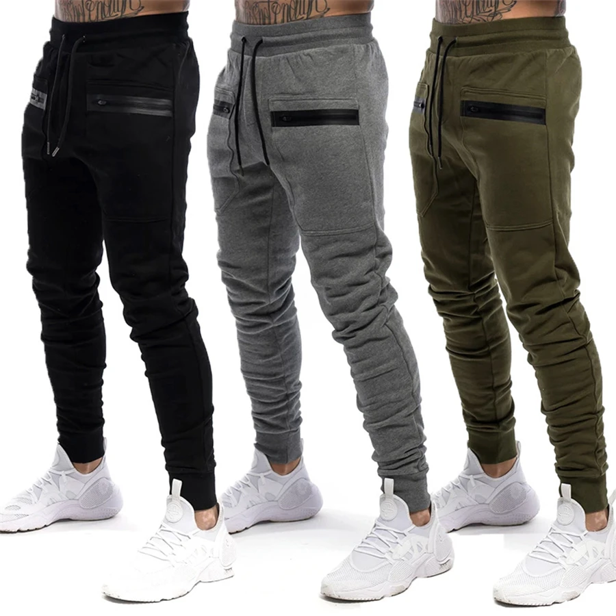 

Autumn Winter New Men Jogger Zip pocket Sweatpants Man Gyms Workout Fitness Cotton Trousers Men Casual Fashion Skinny Track Pant
