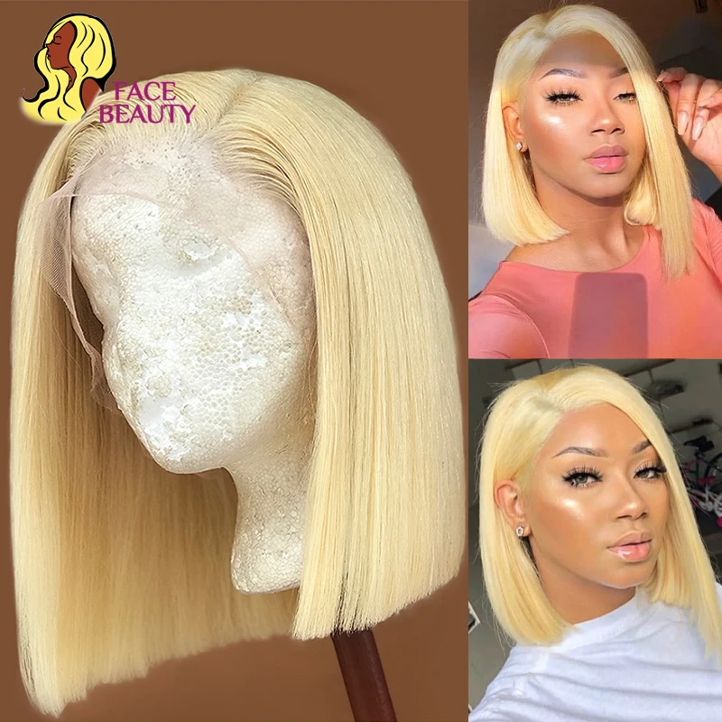 Peluca Bob 13x1 1B 613 cabello humano liso brasileño con encaje frontal, rubio miel degradado, Remy corto prearrancado para mujeres negras