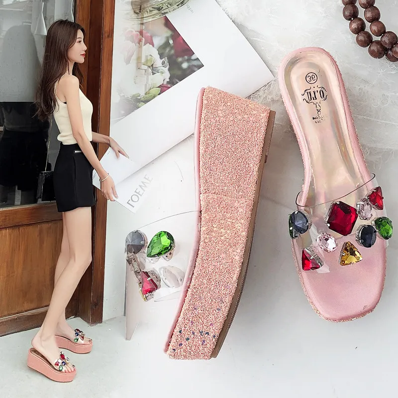 

2020 new summer Women Crystal 7cm High Heels 4cm Platform Sequins Wedges Sandals Slides Colorful Diamond Slippers Beach Shoes