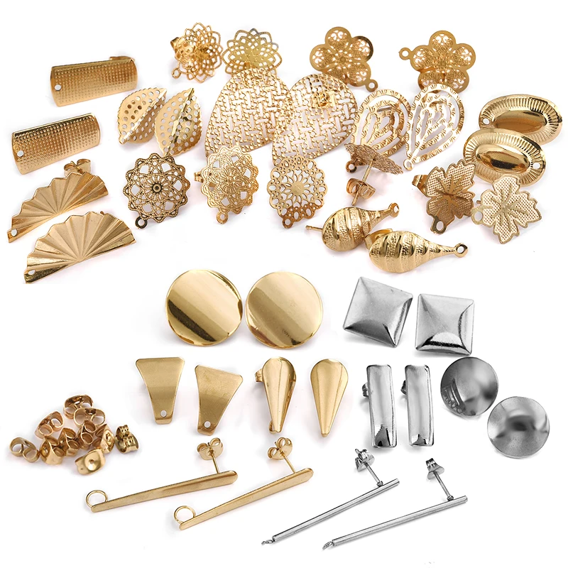 

10pcs Stainless Steel Geometric Round Earring Stud Golden hollow Flowers Earrings Base Connectors Linker Diy Making Accessories