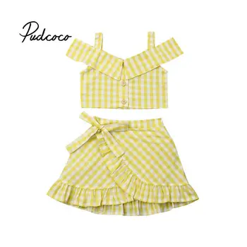 

2Pcs Stylish Kids Baby Girl Clothes Set Pliad Yellow Off Shoulder Tank Tops High Waist Bow Skirt Party Outfits Summer Suit