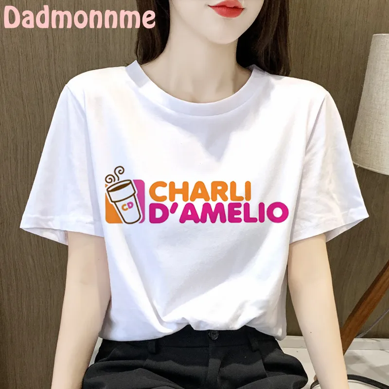Charli DAmelio Ice Coffee Print Clothing Tops Shirt Summer Aesthetics Graphic Short Sleeve Polyester T Shirts Female Camiseta
