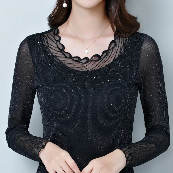 Черный Blusas mujer de moda Осенняя Сетчатая футболка с длинными рукавами модная повседневная открытая Футболка женская рубашка большого размера Женская рубашка - Цвет: Черный