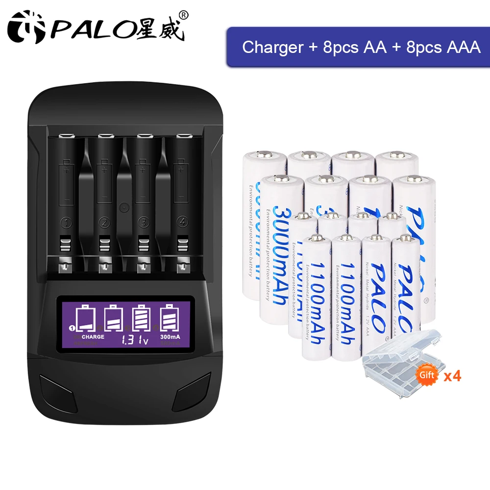 Palo 4-12Pcs Originale Aa Batteria Ricaricabile Aa + Ricaricabile Aaa Batteria 1.2V Nimh Batteria + Lcd Usb Aa Aaa Battery Charger