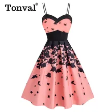 Tonval розовый 50S Винтаж принт бабочки элегантные вечерние летнее плиссированное платье Для женщин, с двойным ремешком, с пышной юбкой Высокая талия платья