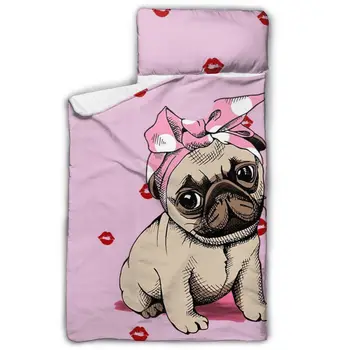 

Pink Pugs With Red Lips Toddler Nap Mat Children's Sleeping Bag with Removable Pillow for Preschool Daycare and Sleepovers