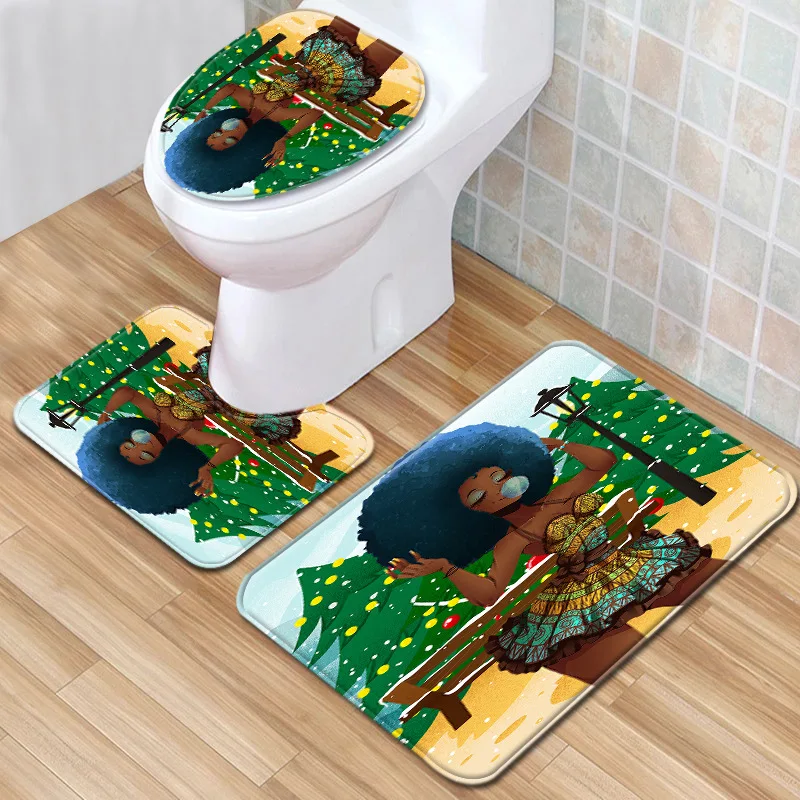 

Toillete Seat Cover Christmas Bath Mats African Shower Curtain PVC Anti Slip Carpet Bathroom Rug Set Home Decor Toilet Mat Set