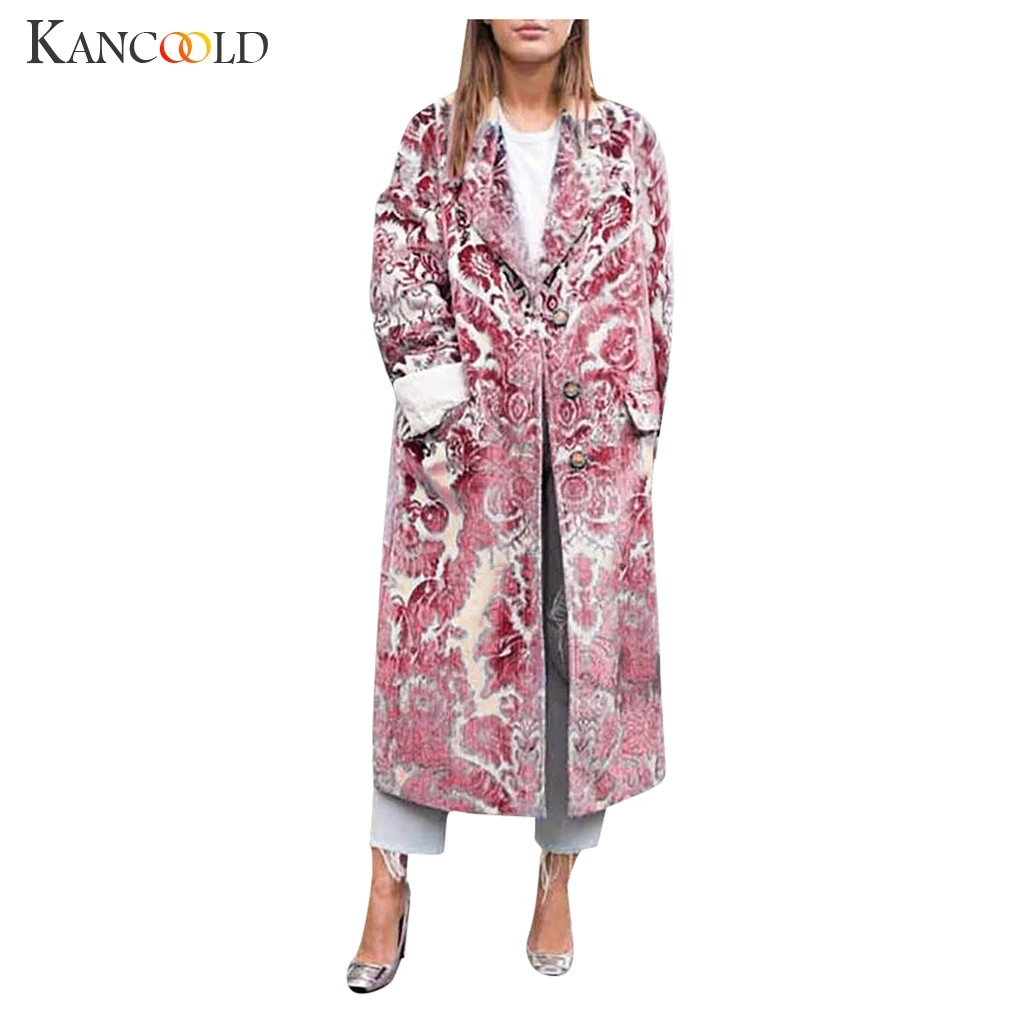 KANCOOLD New Fashion Women's Winter Button Lapel Print Long Sleeve Pocket Casual Overcoat Streetwear Blouse Coat Streetwear