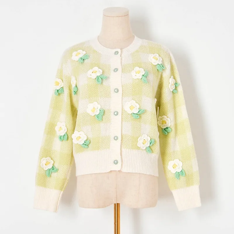 

Qiukichonson Autumn Winter Plaid Sweater Cardigan Women 2021 Japan Style Solid Floral O-neck Cropped Cute Cardigan Mujer