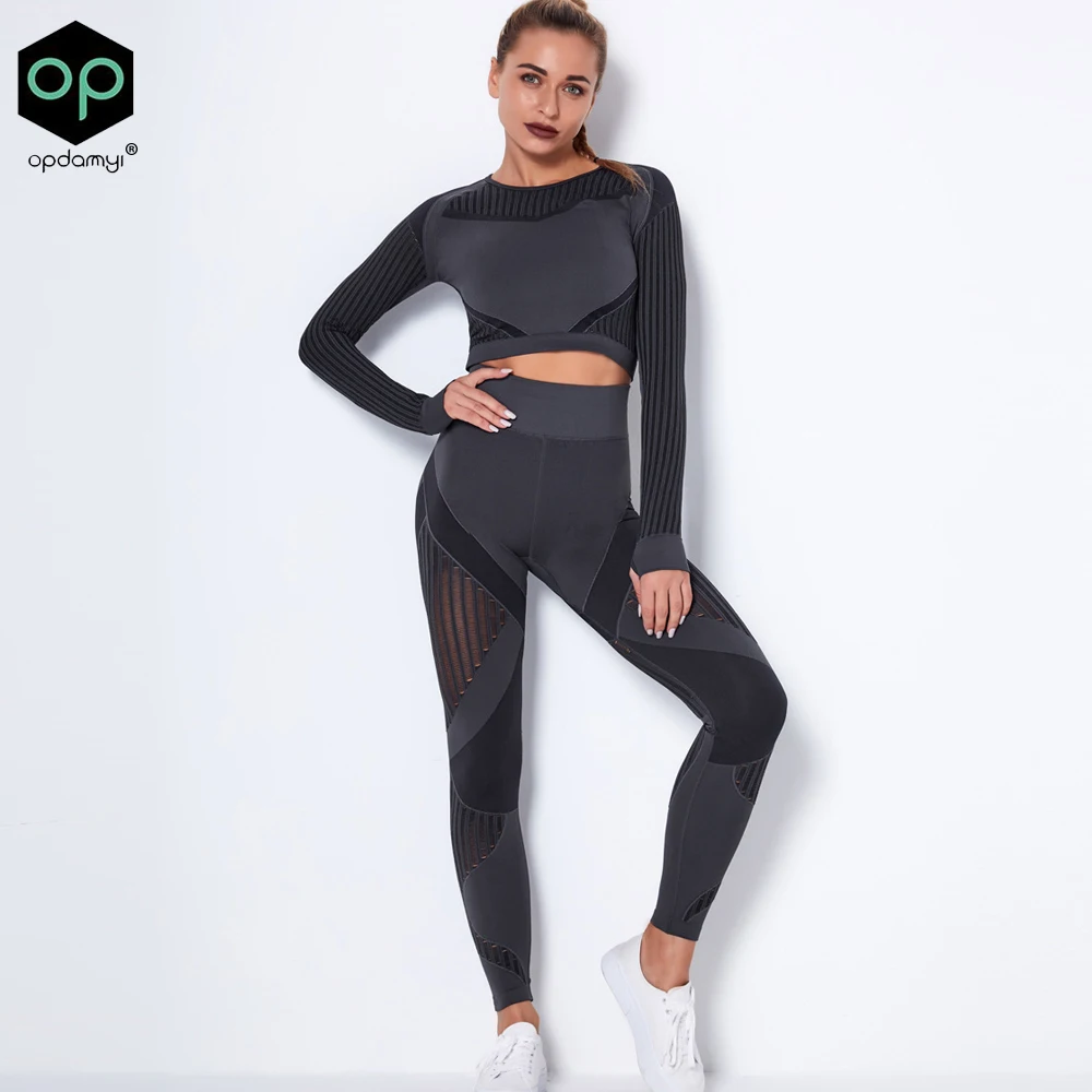 

2-Piece Women's Seamless Mesh Quick-Drying Sports YogaLong-Sleeved Striped Fitness Trousers Leggings Home Gym Yoga Clothing Set