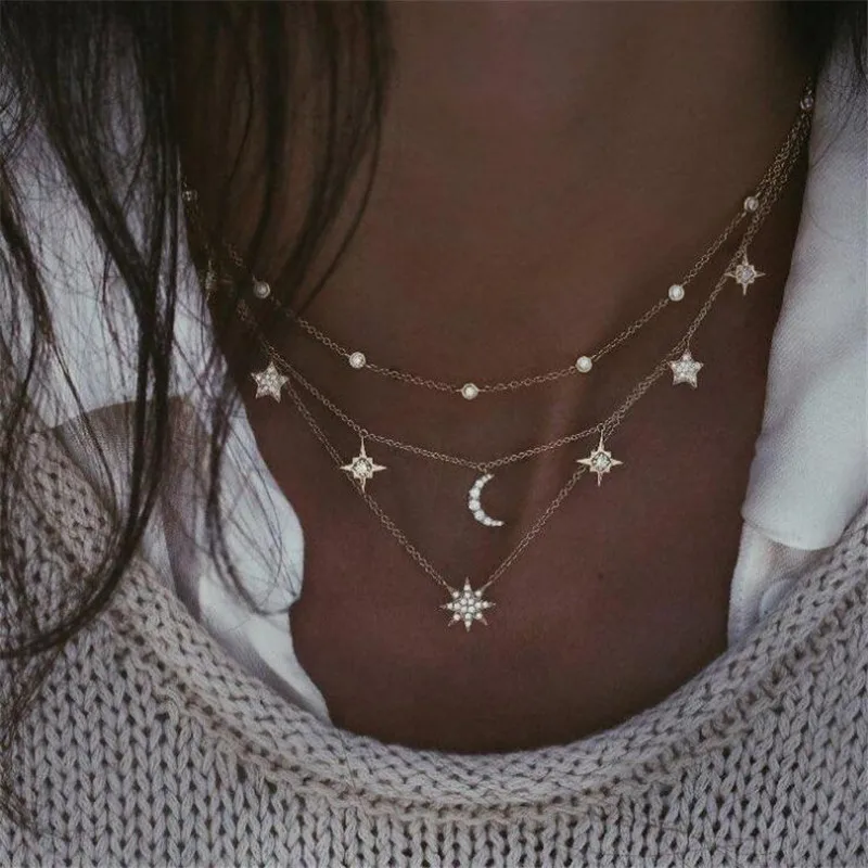 Women Lady Choker Multi Layer Star Moon Crystal Chain Necklace Pendant Jewelry