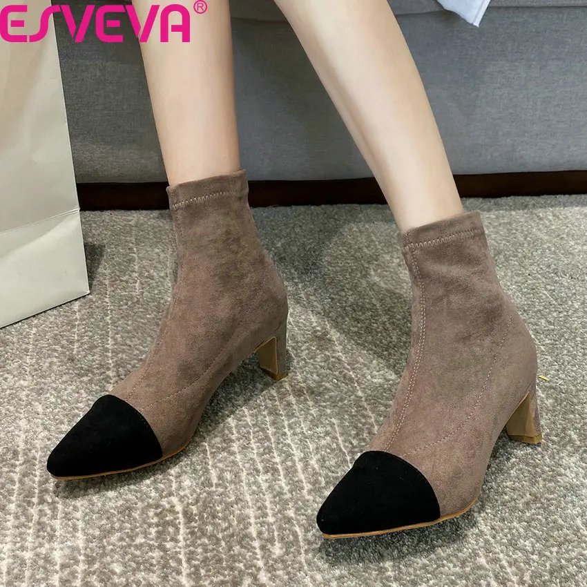 

ESVEVA 2020 Square High Heel Autumn Winter Slip on Women Shoes Fashion Mixed Color Stretch Flock Elegant Ankle Boots Size 34-43