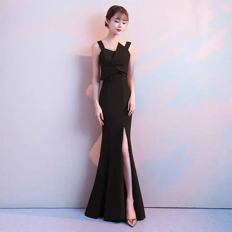 Solid Womens Wedding Party Dress Sleeveless Mermaid Evening Cheongsam Floor-Length Elegant Qipao Long Gowns Retro Vestido XS-XXL - Цвет: Черный
