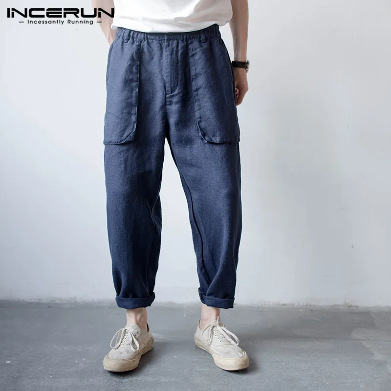 INCERUN Men's Pants Cotton Linen Joggers Vintage Streetwear Hip-hop Elastic Waist Pockets Casual Pants Men Solid Loose Trousers