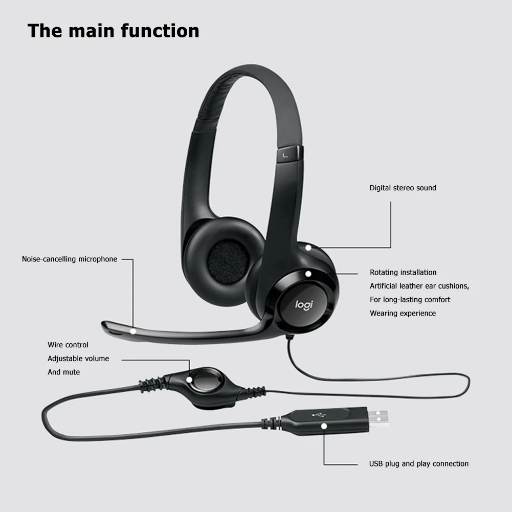 Logitech H390 стерео наушники USB Проводная компьютерная гарнитура с шумоподавлением