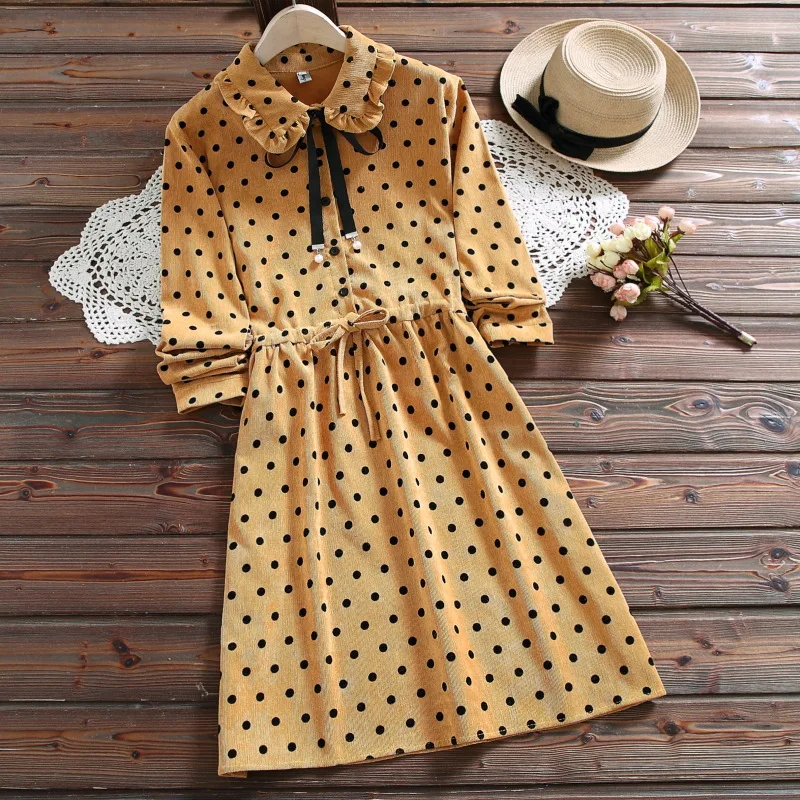 

Japanese Mori Girl Autumn Women Mini Dress Peter Pan Collar Polka Dot Vestido Corduroy Elegant Kawaii Dress vestidos de fiesta