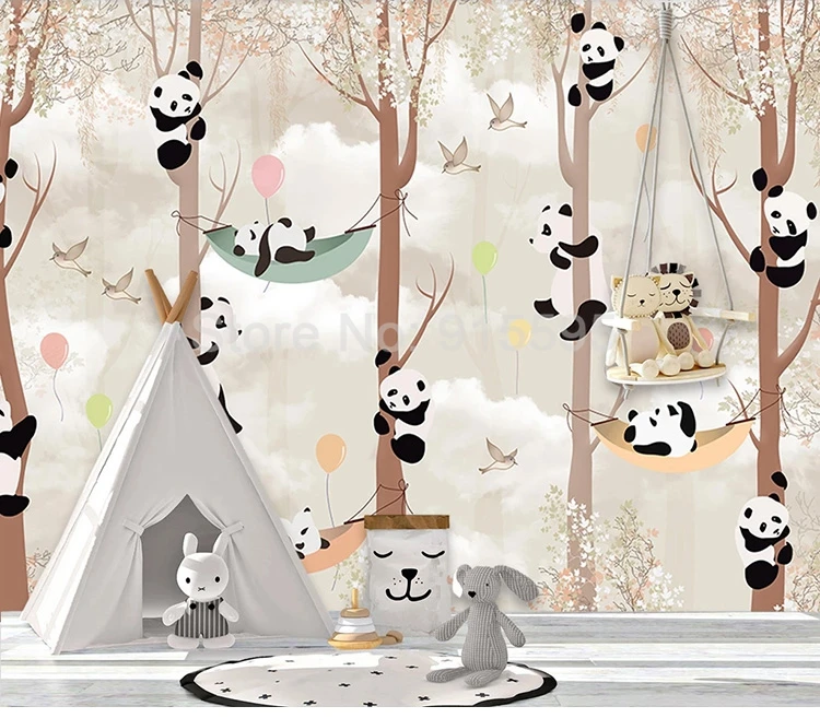 abstrato, árvore, desenhos animados, Panda, Mural para