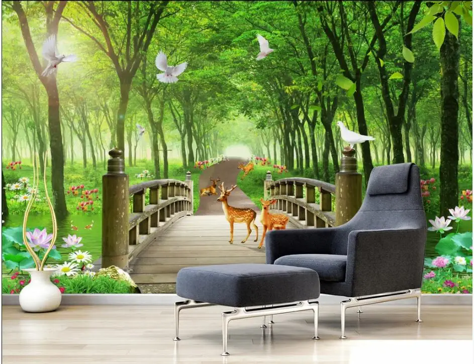 

WDBH Custom photo mural 3d wallpaper Simple casual green tree forest landscape painting 3d wall murals wallpaper for living room