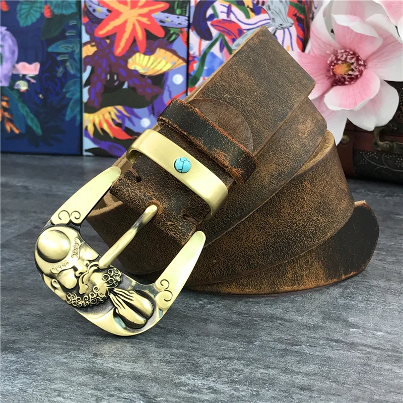Genuine Leather Belt Male Vintage Brass Belt Buckle Cowboy Jeans Men' Belt Ceinture Waist Yellow Belt Cinturon Mujer MBT0051