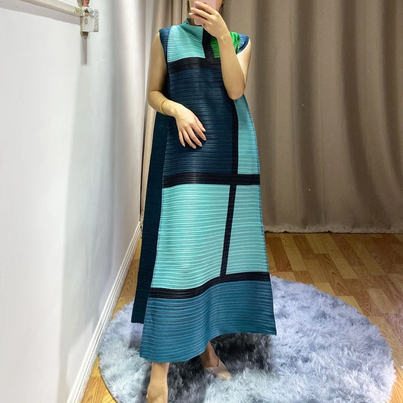 Changpleat летние новые женские платья Miyak плиссированные Модные клетчатые дизайнерские свободные большие размеры стоячий воротник женское платье А-силуэта