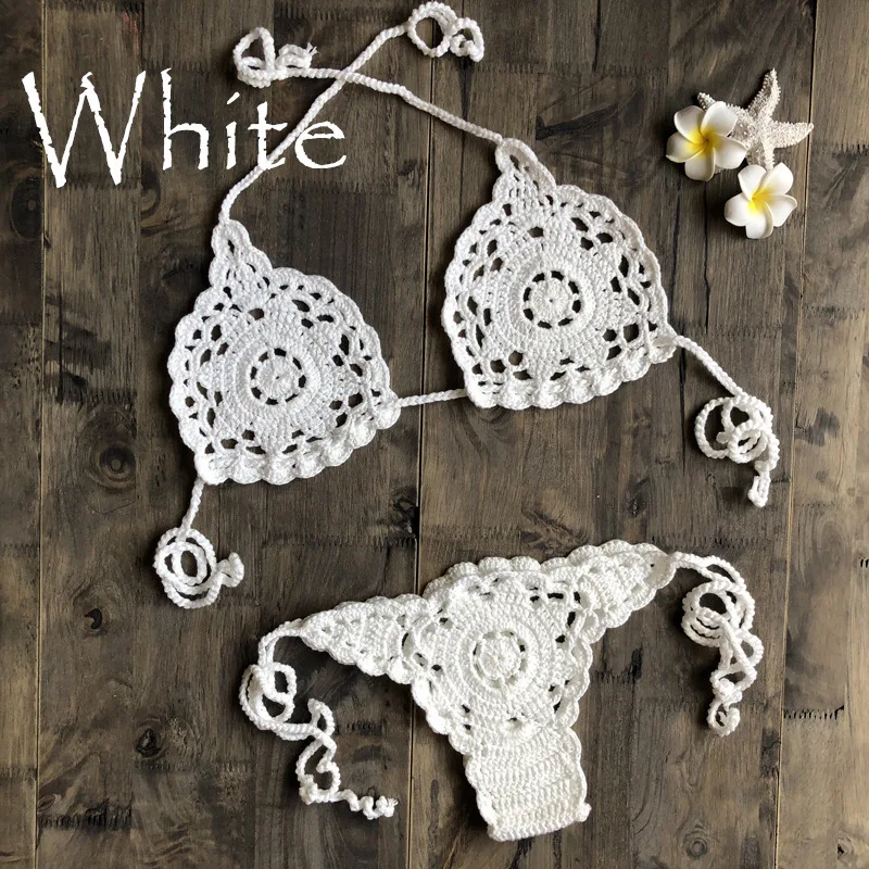 CROCHET BIKINI Sexy Set Women Crochet Swimsuit Solid Bikini Backless Swimwear Low Waist Bathing Suit Female Brazilian Bikini