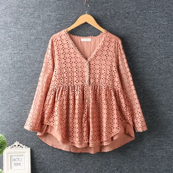 

2020 New Spring Women Shirt Japan Style Fresh Hollow out Embroidery Cotton and linen Long Sleeve Loose Blouse Women