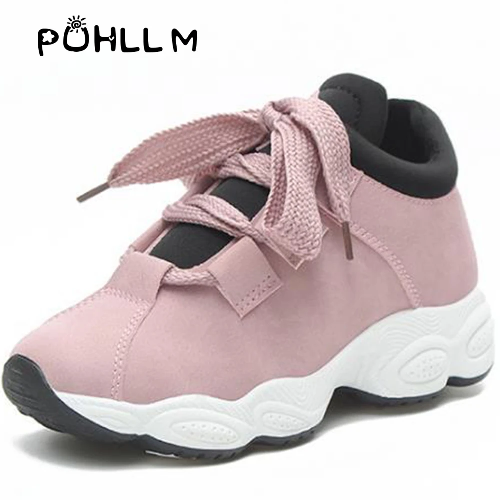 

PUHLLM Women sneakers flock sewing thick bottom lace up bow casual Sneakers Sports Shoes Female Korean Version of the Wild BoB5