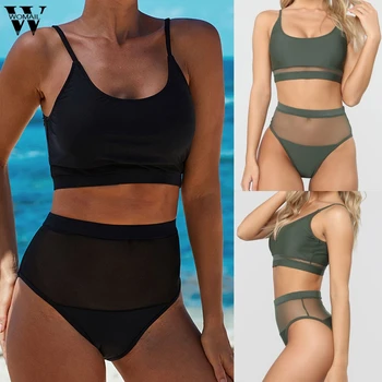 

Sexy Bikini 2020 mujer High Waist Solid Black Mesh Push-up Padded Swimsuit Swimwear Bathing Suit Bikinis set Women holiday P0