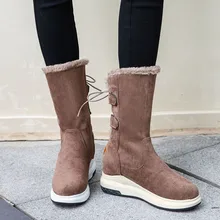 Женские Теплые ботильоны на платформе с пряжкой, ремешком и шнуровкой; повседневные зимние ботинки до середины икры с плюшевой стелькой; botas mujer