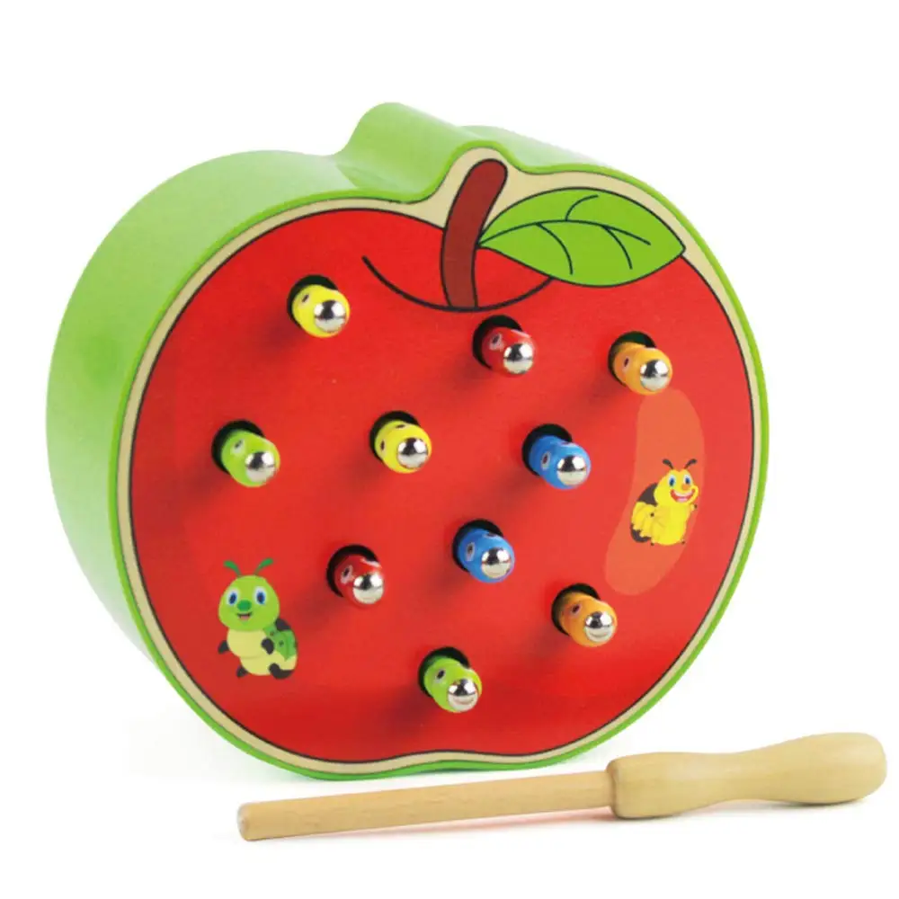 

3D Puzzle Wooden Magnetic Catch Worm Game Including 1 Pc Magnetic Pole and 10 Pcs Worms Early Childhood Educational Toys (Apple