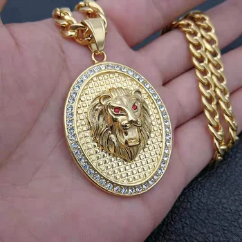 

Hip Hop Bling Iced Out Gold Color Stainless Steel Male Lion Animal Pendants Necklace for Men Rapper Jewelry with Cuban chain
