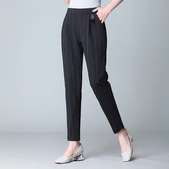 

Women Trousers S-5XL 2020 Spring Simple Fashion Elastic Waist Stripes Ankle Length Casual Work Harem Pants Ankle Length