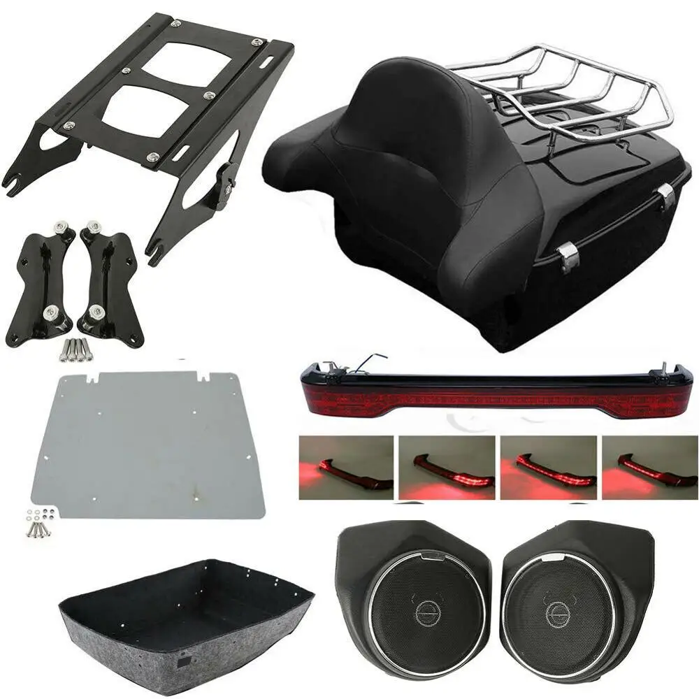 

Motorcycle Pack Trunk Rack Backrest Speaker W/ Tail Light For Harley Tour Pack Touring Road Glide Electra Glide Road King 14-20