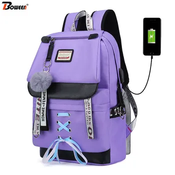 

Big Purple USB Backpack for Girls School Backpack Women Teenage School Bag Canvas Middle Junior High College Student Bagpack New